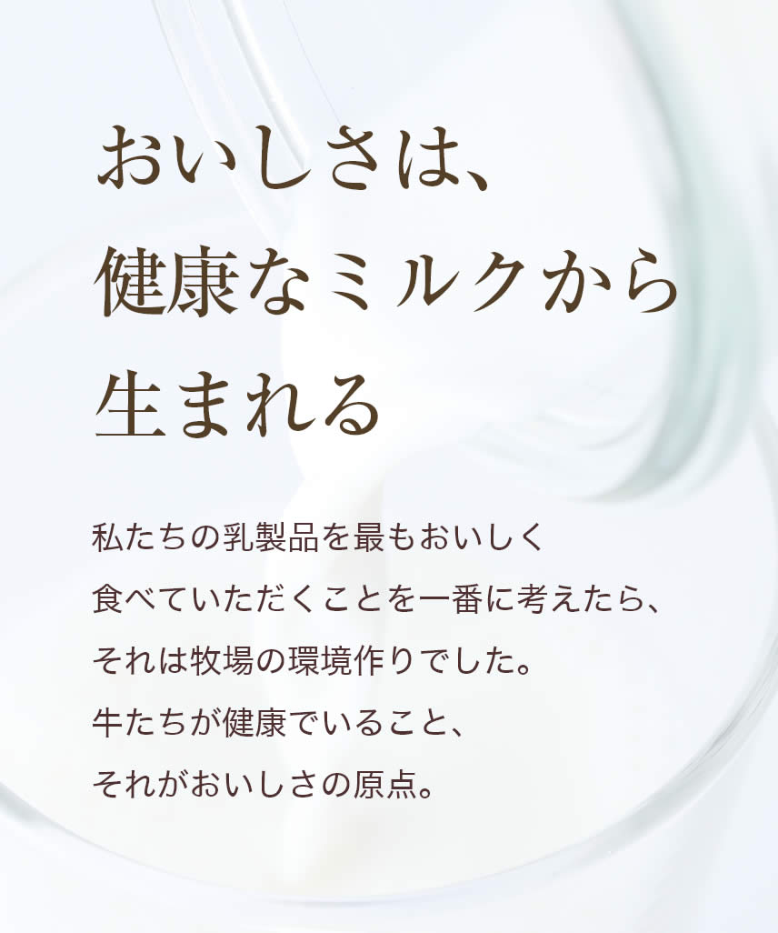 おいしさは、健康なミルクから生まれる｜私たちの乳製品を最もおいしく食べていただくことを一番に考えたら、それは牧場の環境作りでした。牛たちが健康でいること、それがおいしさの原点。